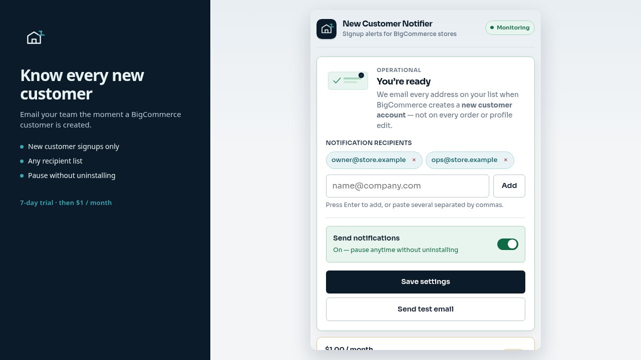New Customer Notifier settings showing recipients and monitoring status